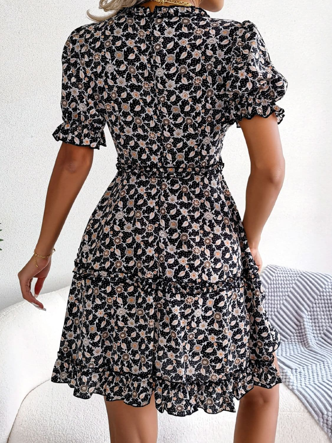 Floral Frill Trim Ruffle Hem Deep V Mini Dress - Love culture store
