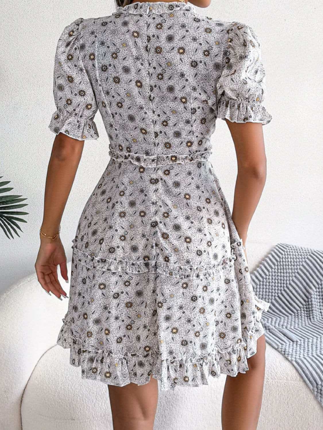 Floral Frill Trim Ruffle Hem Deep V Mini Dress - Love culture store
