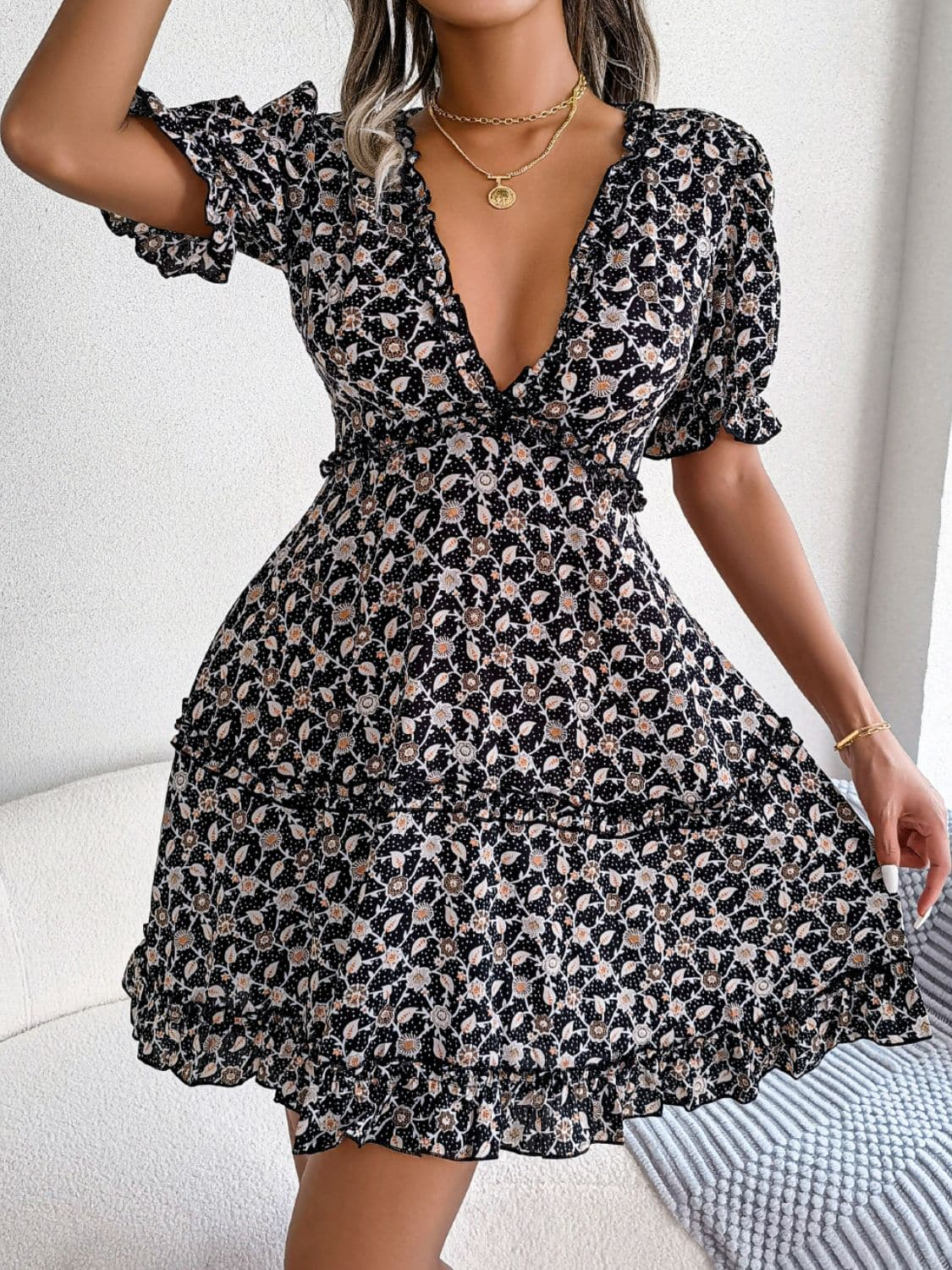 Floral Frill Trim Ruffle Hem Deep V Mini Dress - Love culture store