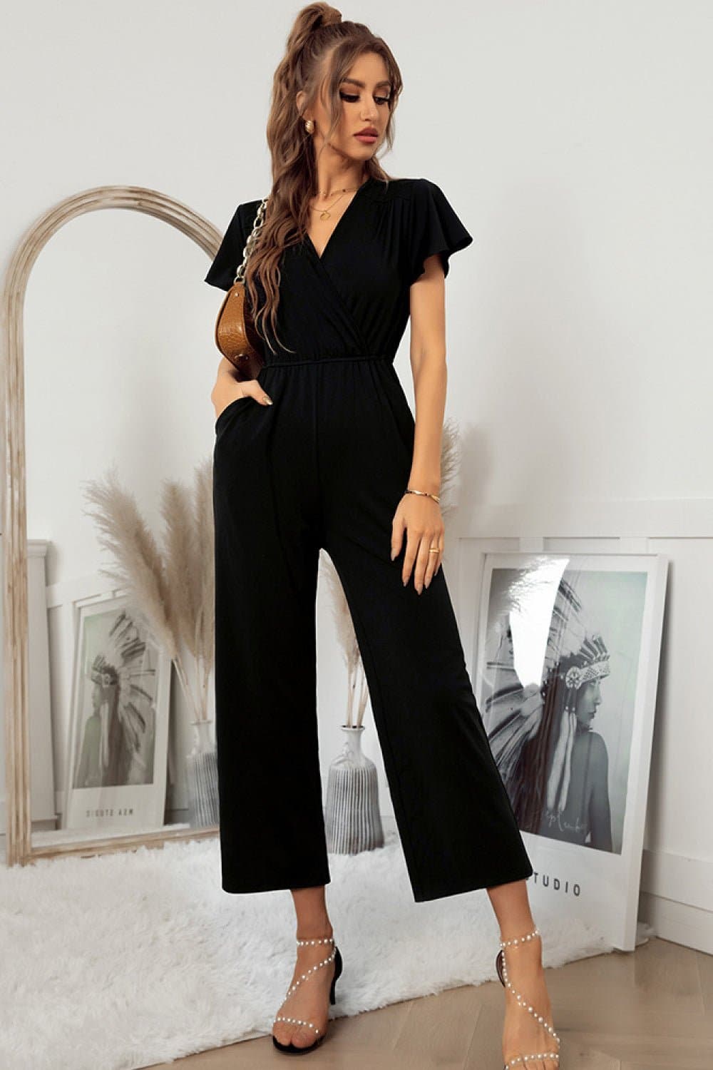 Flutter Sleeve Surplice Jumpsuit - Love culture store