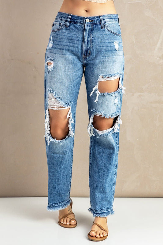 Frayed Hem Distressed Jeans with Pockets - Love culture store