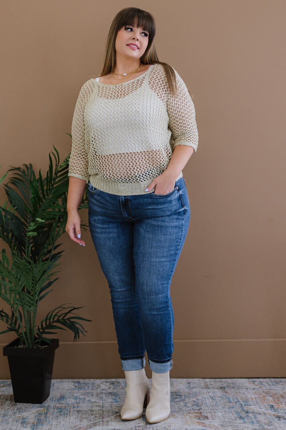 GeeGee Gracefully Golden Full Size Run Openwork Sweater - Love culture store