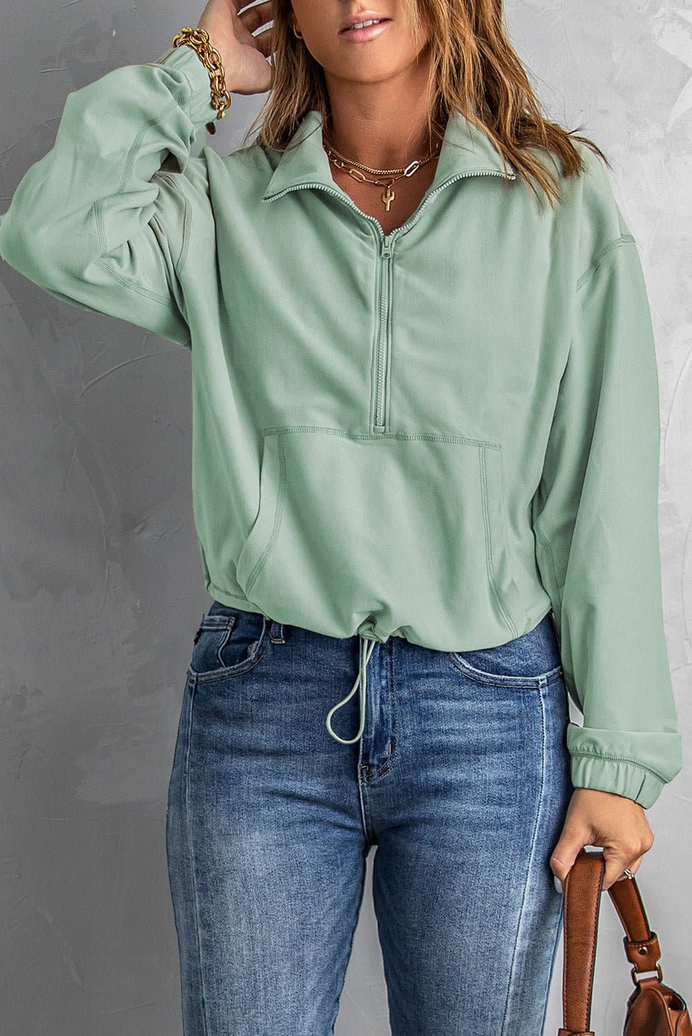 Half-Zip Exposed Seam Drawstring Hem Sweatshirt - Love culture store