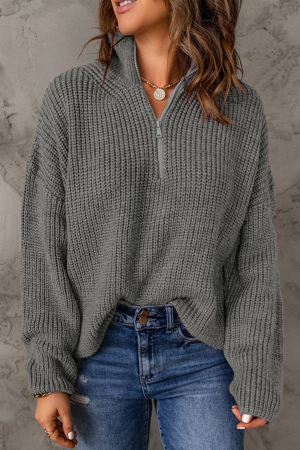 Half Zip Rib-Knit Dropped Shoulder Sweater - Love culture store