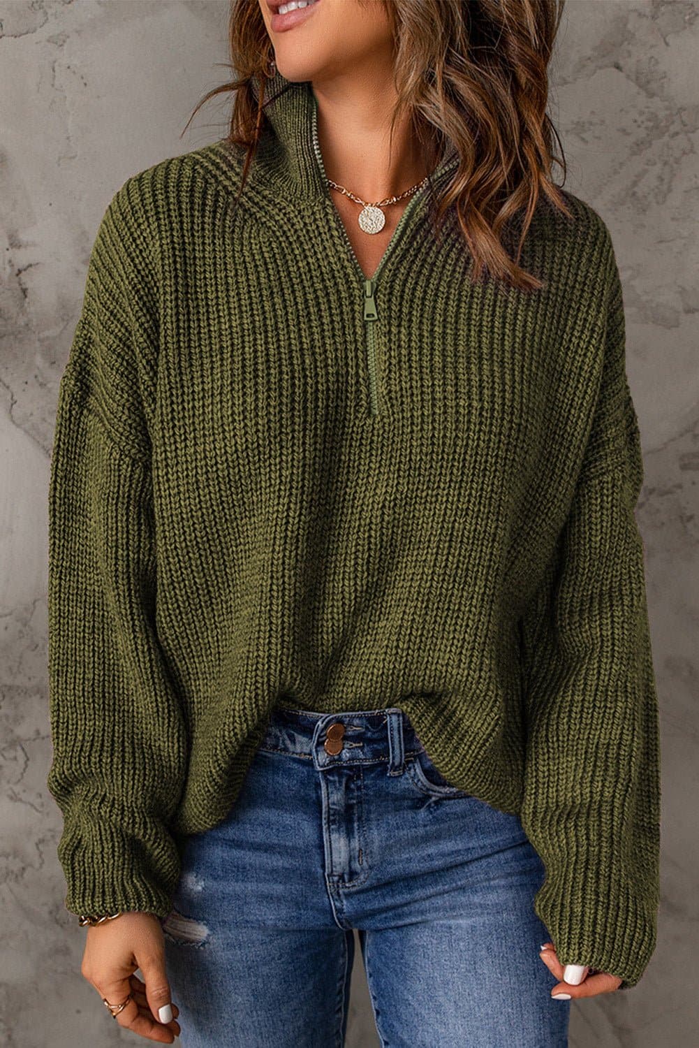 Half Zip Rib-Knit Dropped Shoulder Sweater - Love culture store