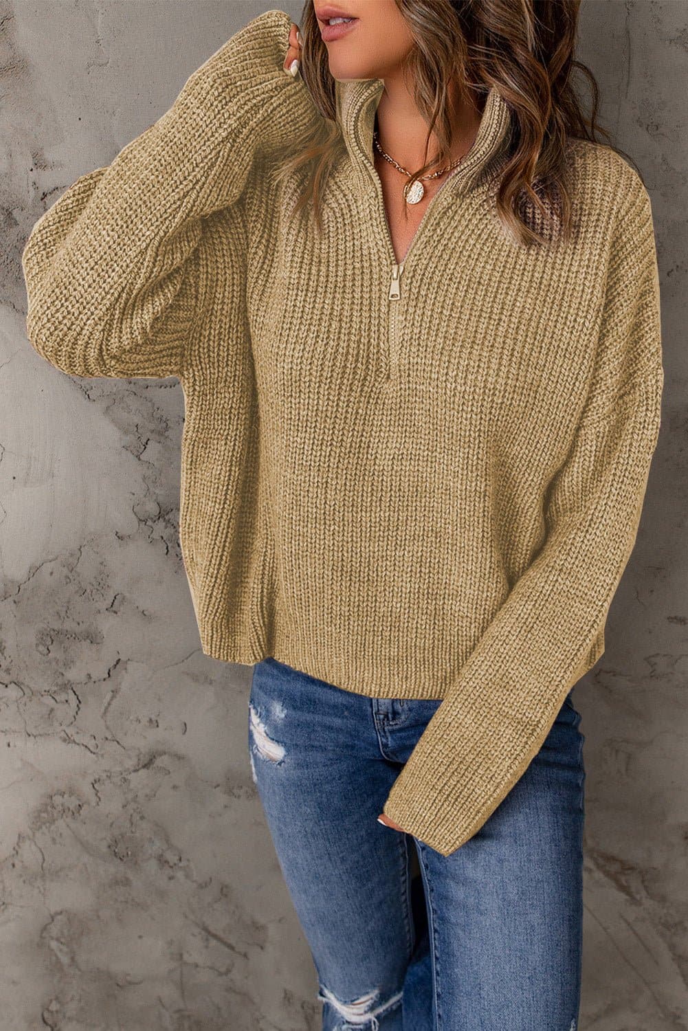 Half Zip Rib-Knit Dropped Shoulder Sweater - Love culture store