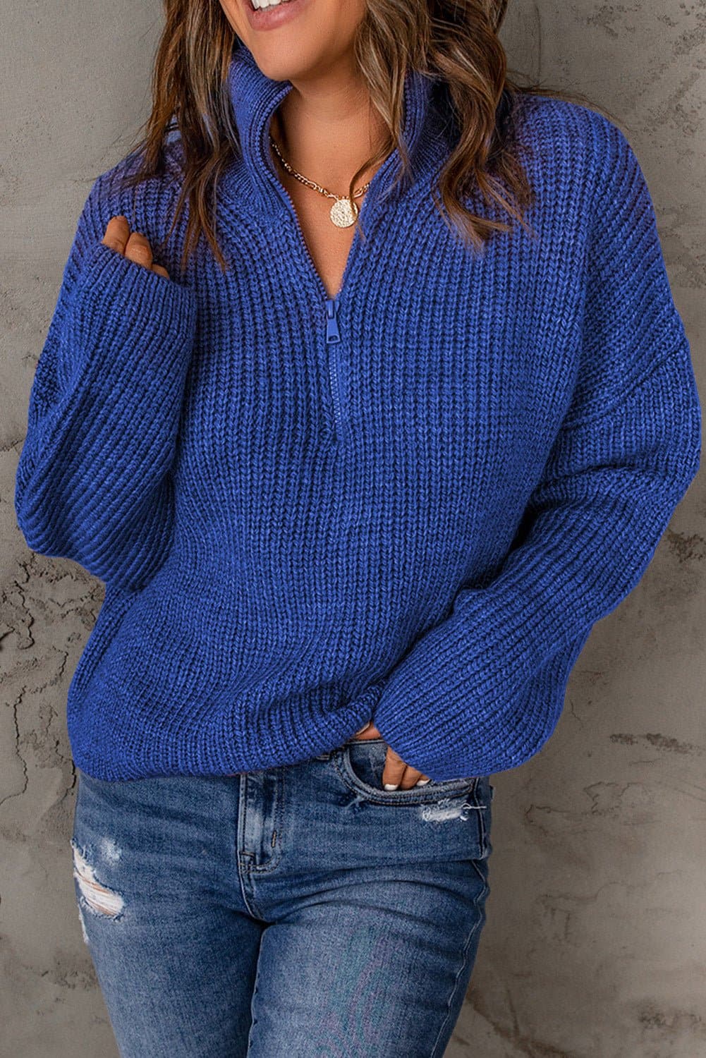 Half Zip Rib-Knit Dropped Shoulder Sweater - Love culture store