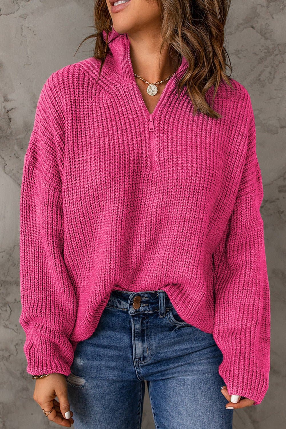 Half Zip Rib-Knit Dropped Shoulder Sweater - Love culture store