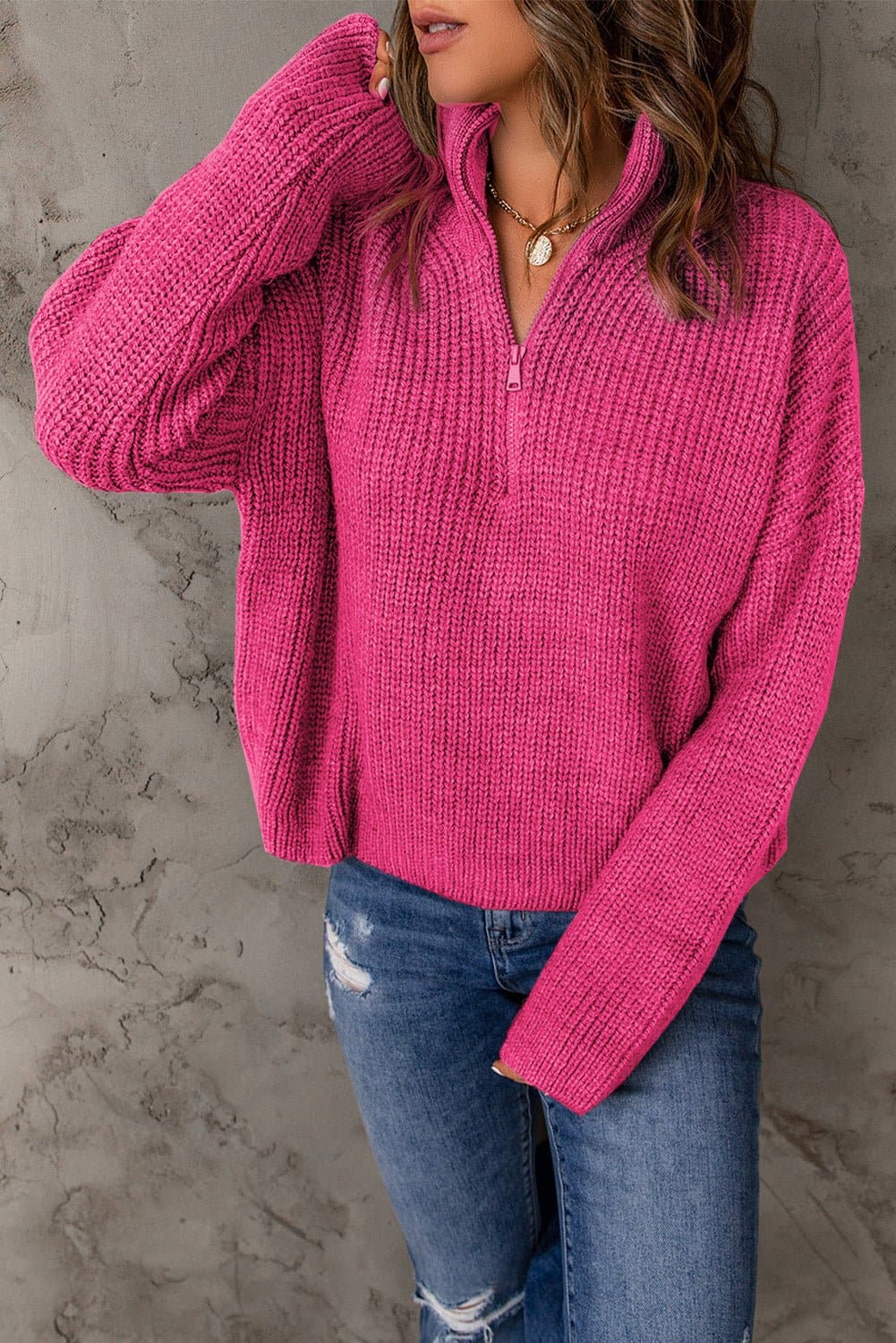Half Zip Rib-Knit Dropped Shoulder Sweater - Love culture store