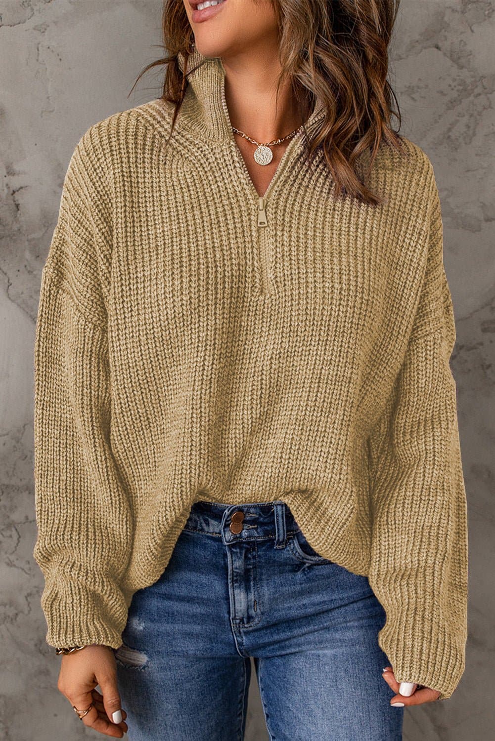 Half Zip Rib-Knit Dropped Shoulder Sweater - Love culture store