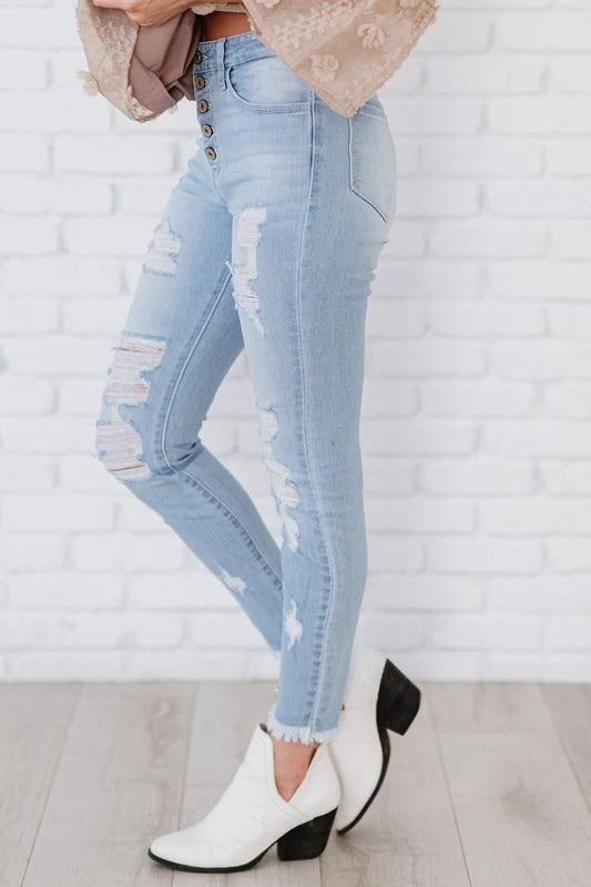 Kancan At Last Distressed Button Fly Skinny Jeans - Love culture store