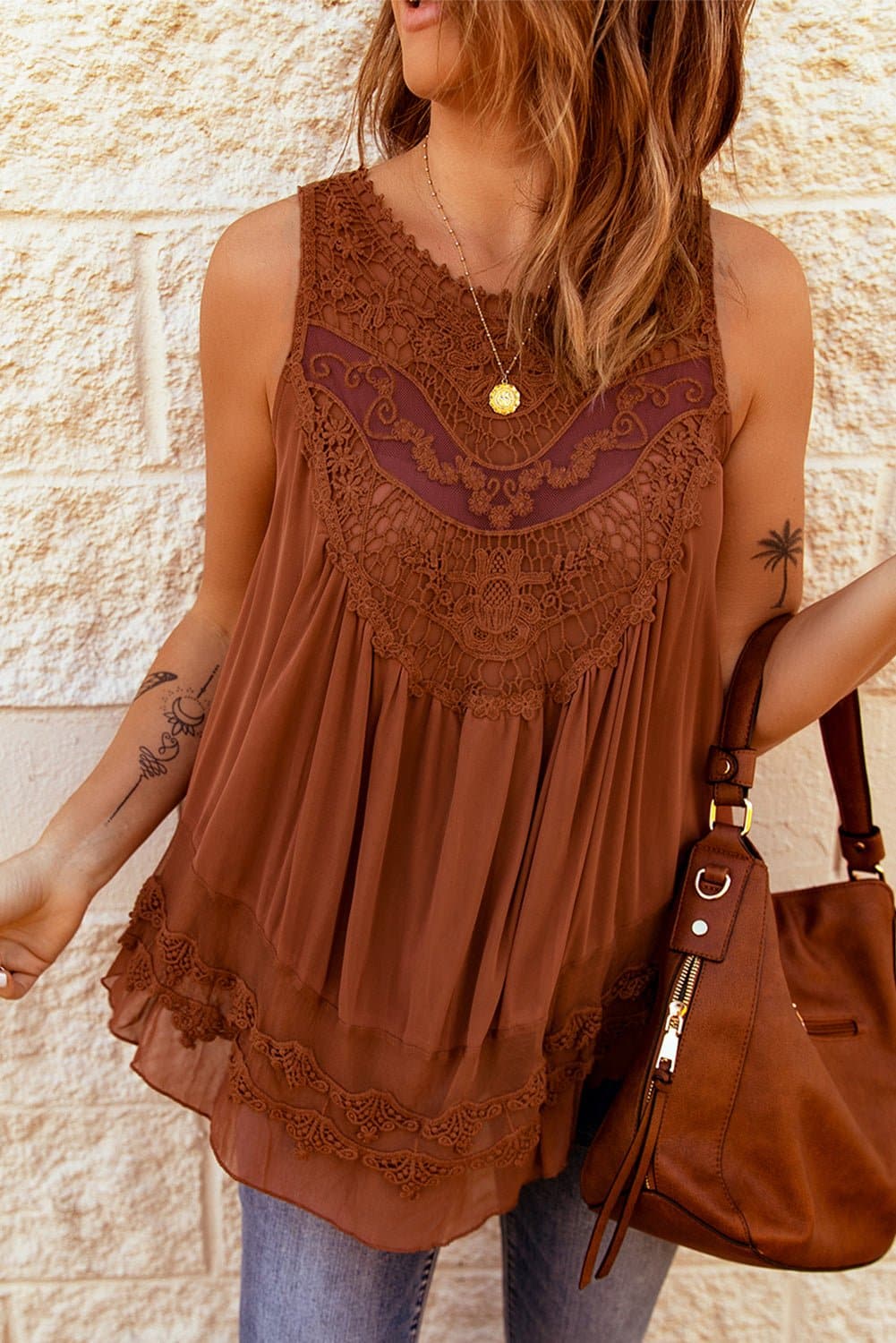 Lace Detail Button Back Sleeveless Top - Love culture store