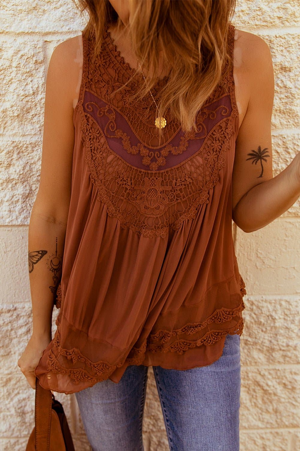 Lace Detail Button Back Sleeveless Top - Love culture store