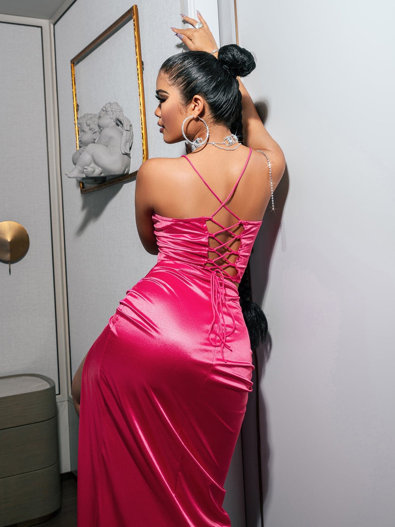 Lace-Up Satin Cropped Cami and Ruched Slit Skirt Set - Love culture store