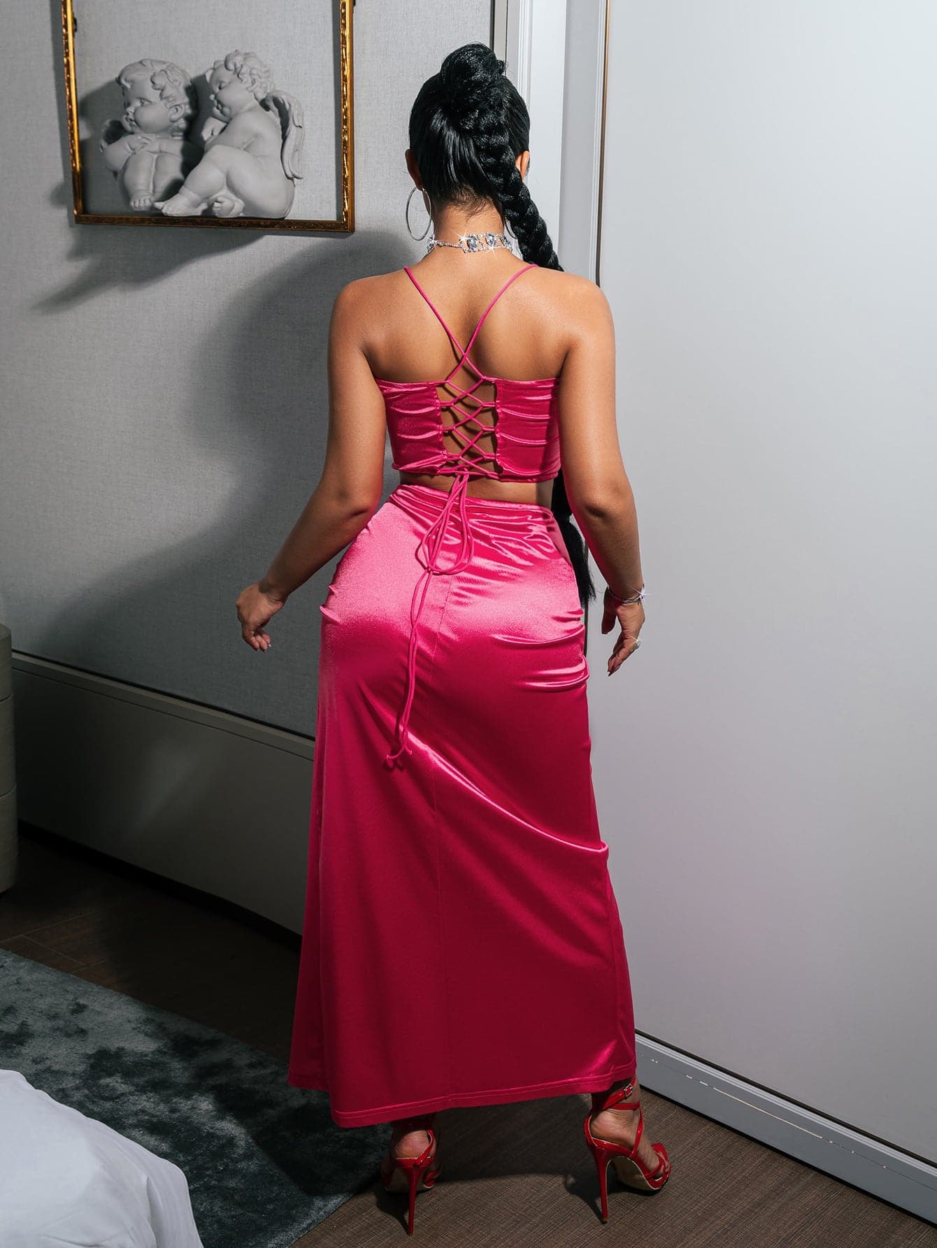 Lace-Up Satin Cropped Cami and Ruched Slit Skirt Set - Love culture store