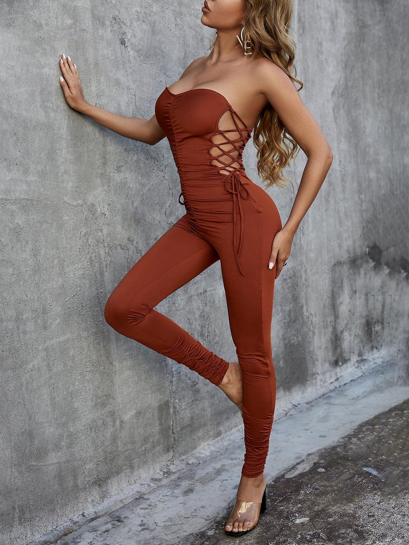 Lace Up Strapless Ruched Jumpsuit - Love culture store