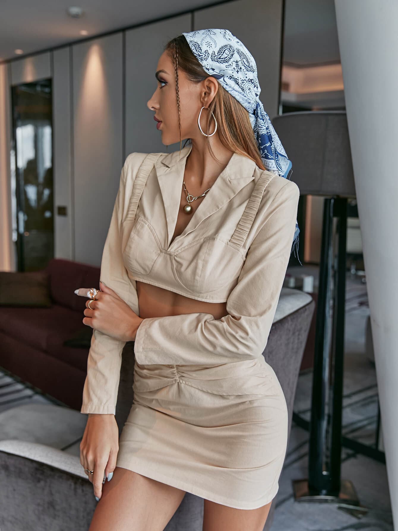 Lapel Collar Cropped Top and Gathered Detail Skirt Set - Love culture store