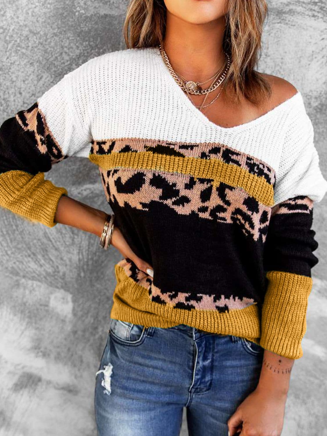 Leopard Color Block V-Neck Rib-Knit Sweater - Love culture store