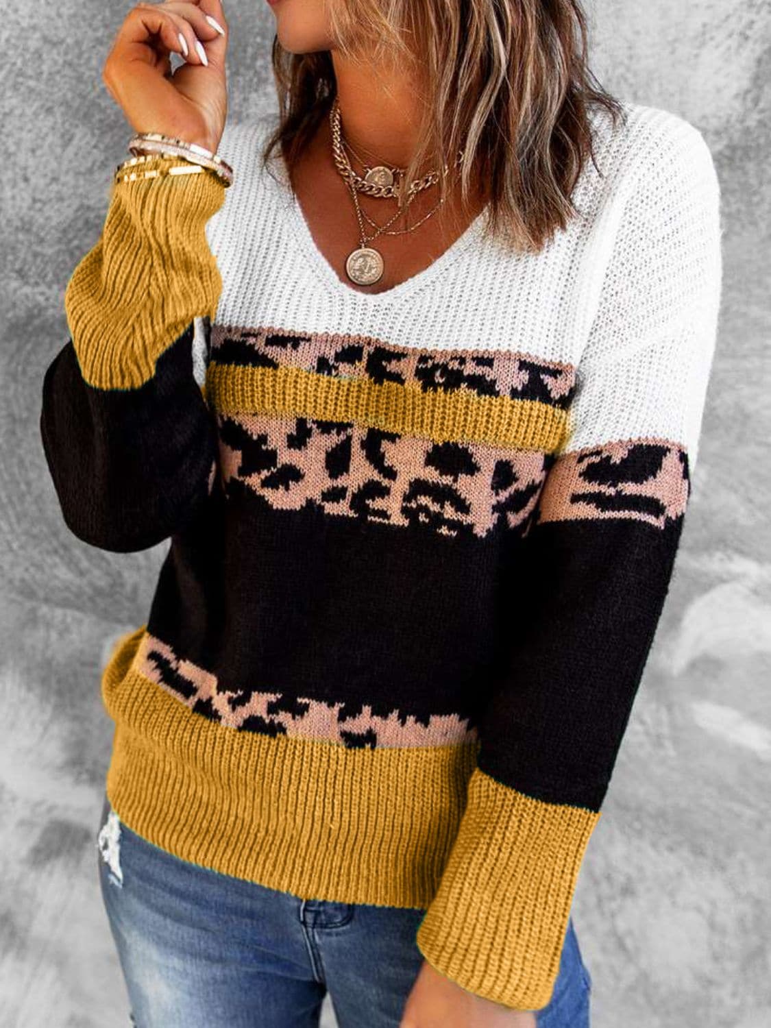 Leopard Color Block V-Neck Rib-Knit Sweater - Love culture store