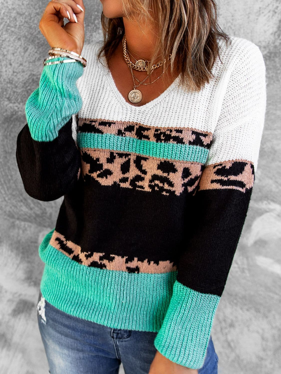 Leopard Color Block V-Neck Rib-Knit Sweater - Love culture store