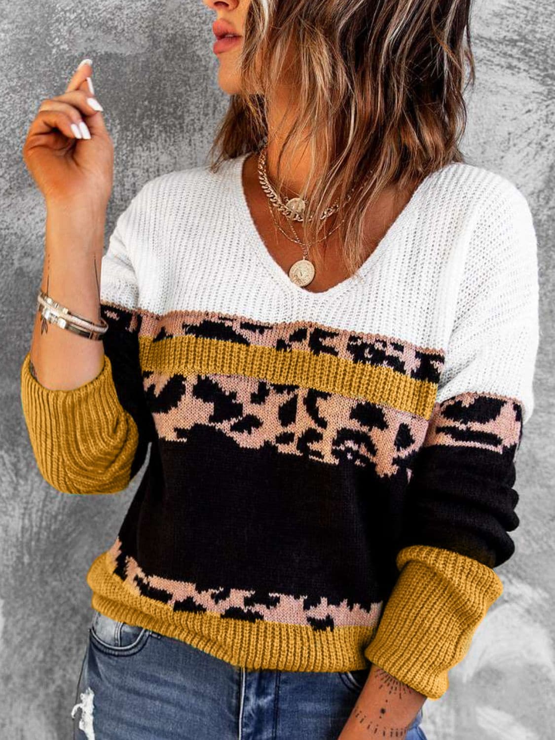 Leopard Color Block V-Neck Rib-Knit Sweater - Love culture store