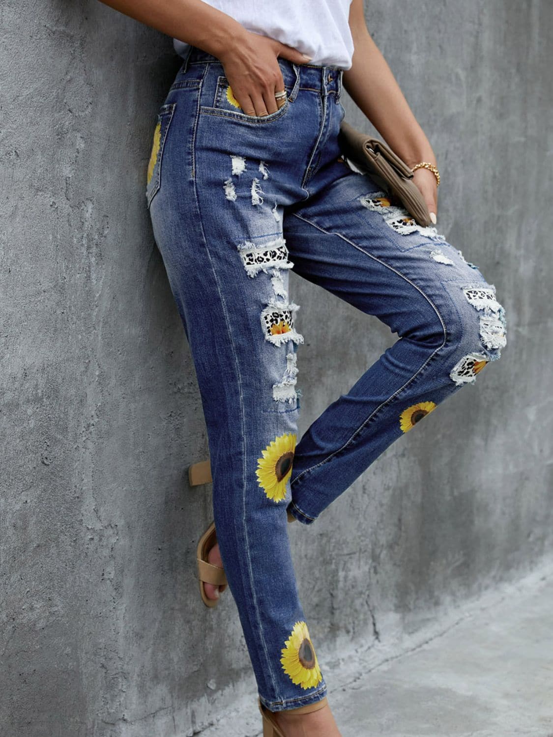 Leopard Patchwork Sunflower Print Distressed High Waist Jeans - Love culture store