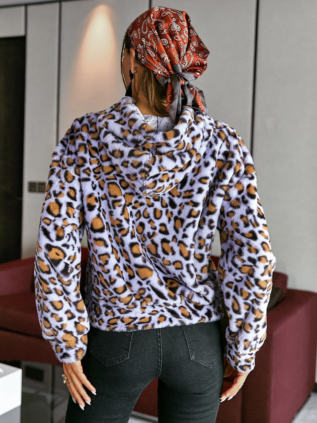 Leopard Print Drawstring Cropped Fleece Hoodie - Love culture store