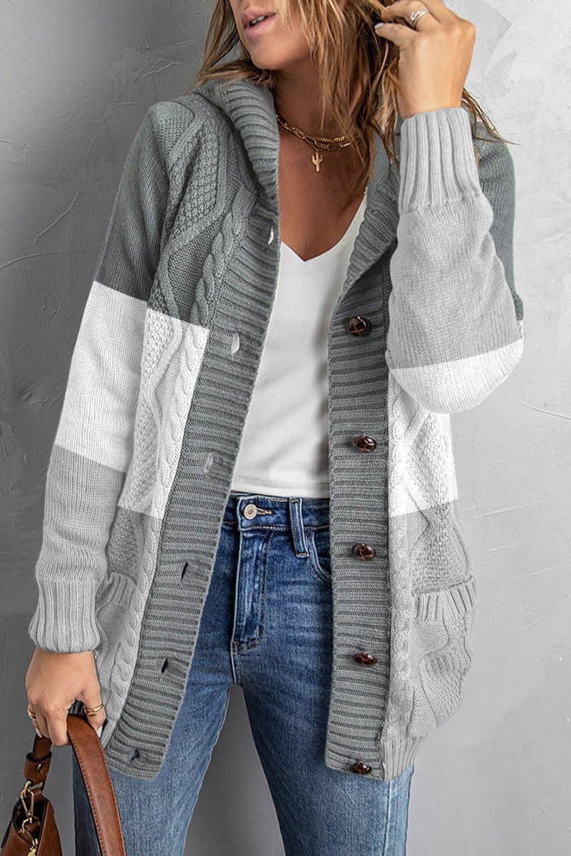 Mixed Print Button Front Hooded Cardigan - Love Culture