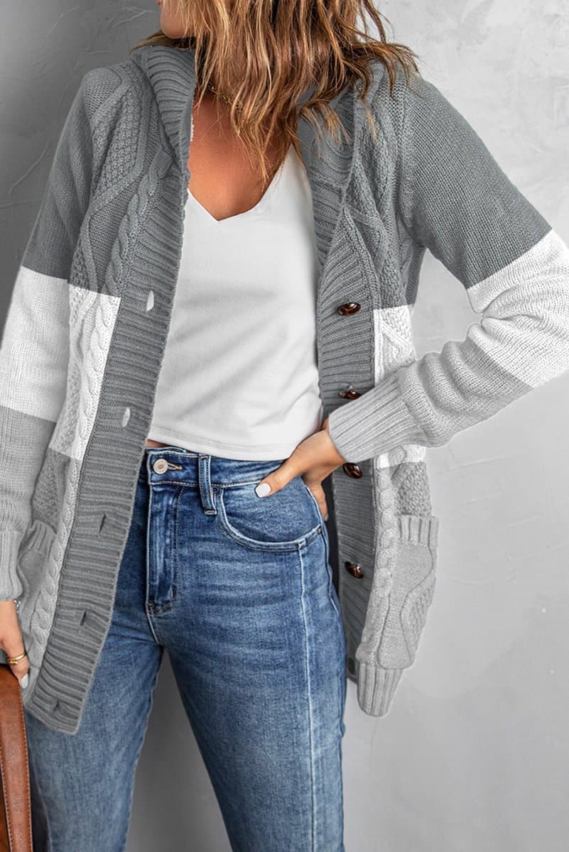 Mixed Print Button Front Hooded Cardigan - Love Culture