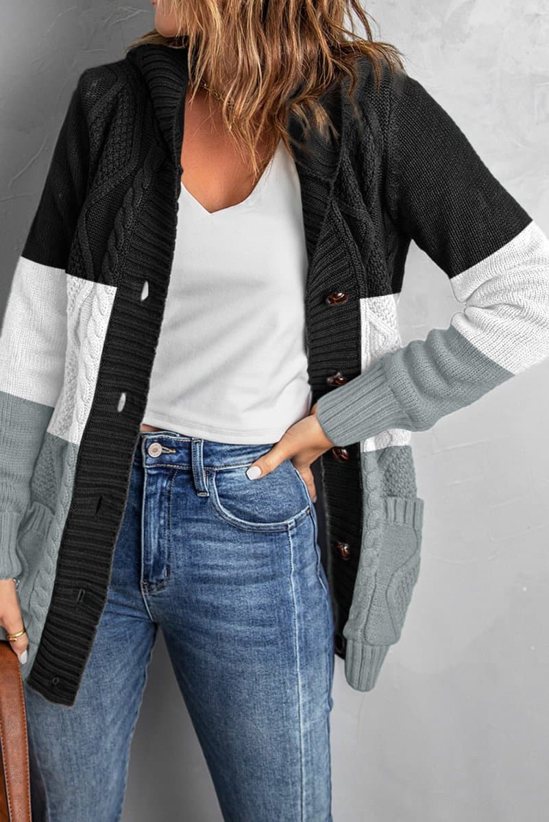 Mixed Print Button Front Hooded Cardigan - Love Culture