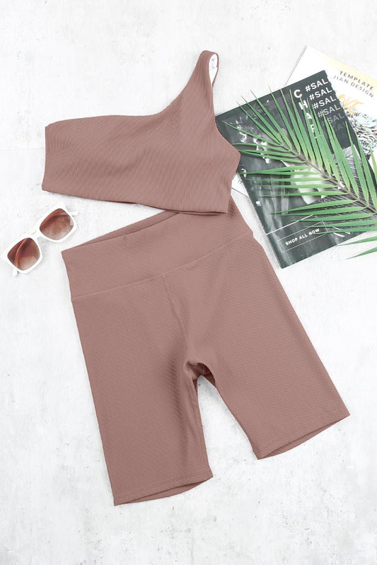 One-shoulder Sports Bra and Biker Shorts Set - Love culture store