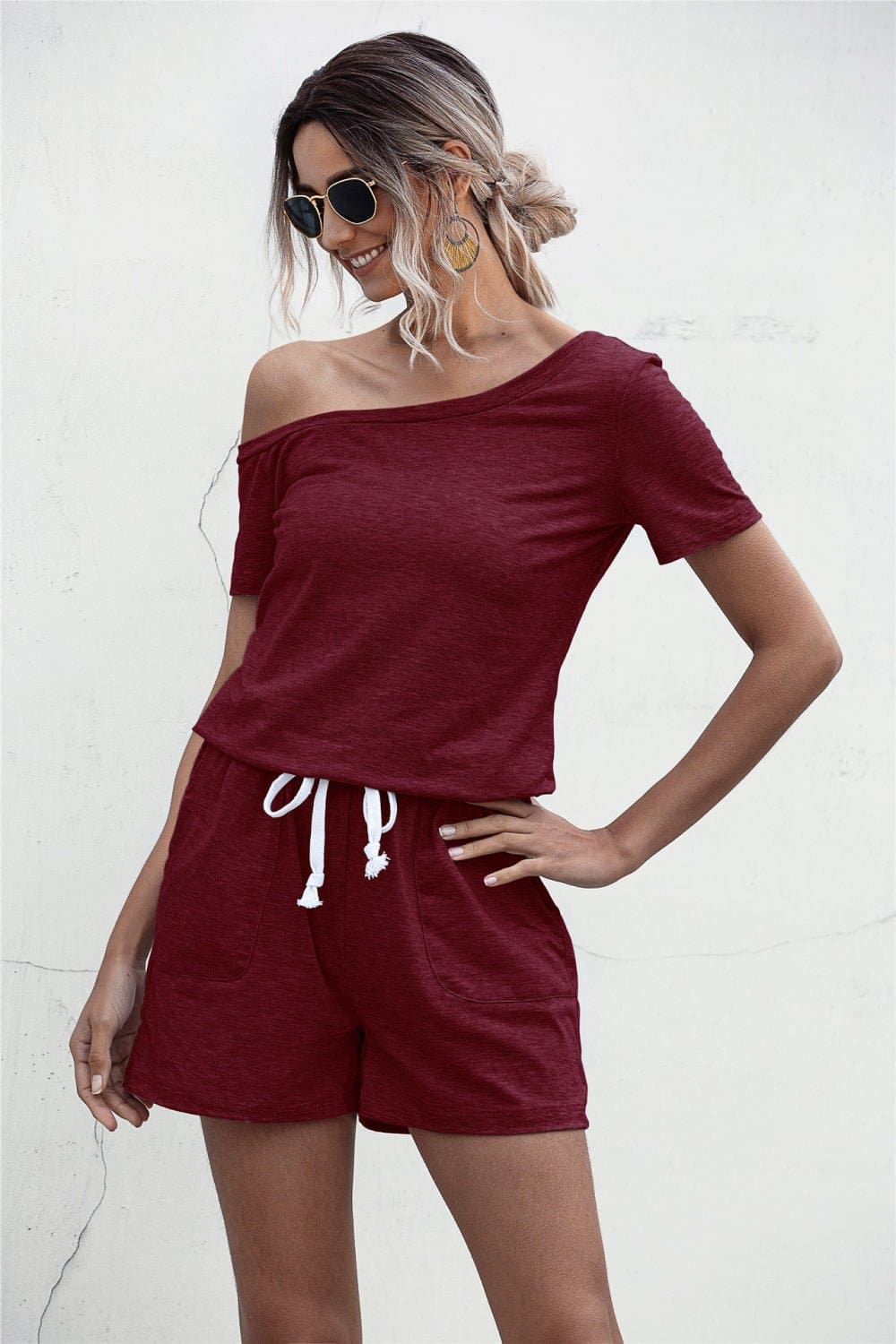 One Shoulder Tie Waist Romper - Love culture store