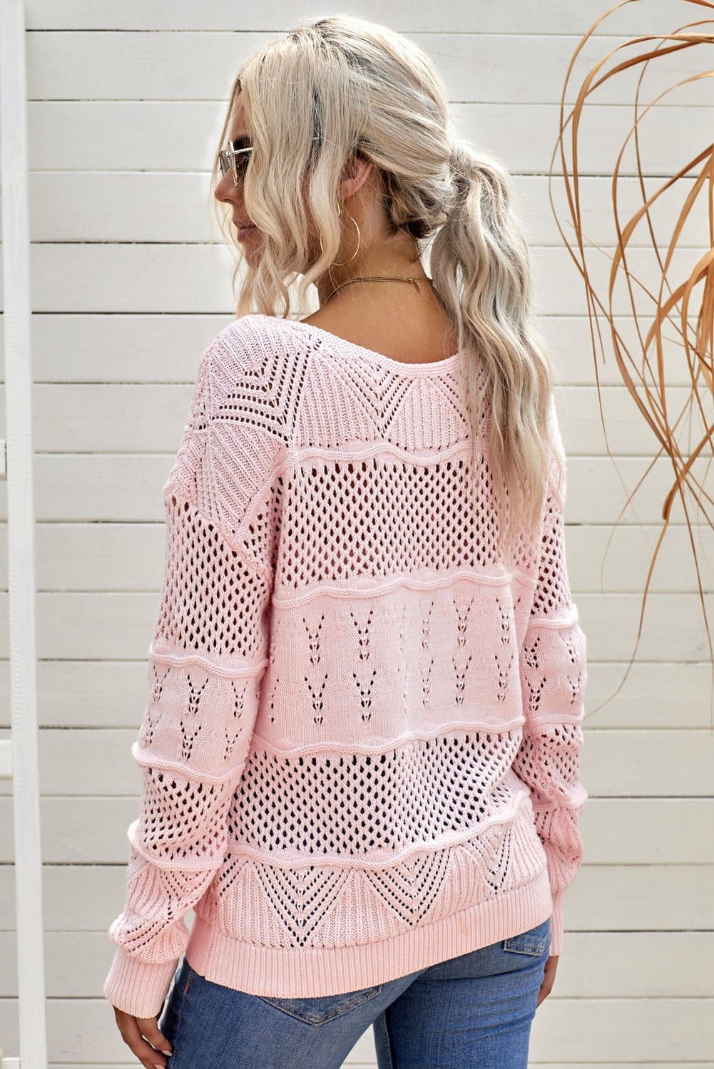 Openwork Boat Neck Pullover Sweater - Love culture store