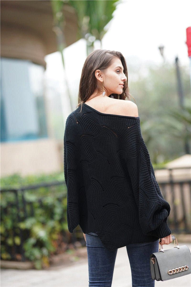 Openwork Boat Neck Sweater with Scalloped Hem - Love culture store