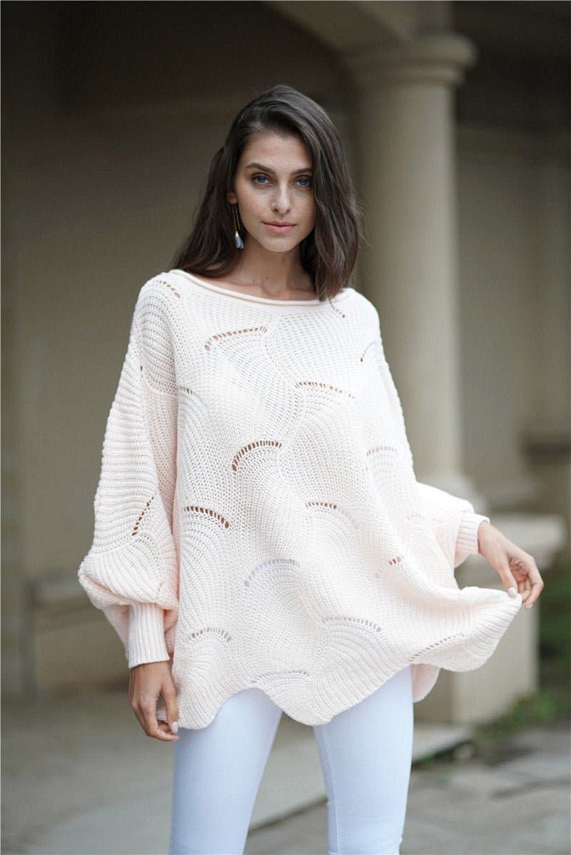 Openwork Boat Neck Sweater with Scalloped Hem - Love culture store
