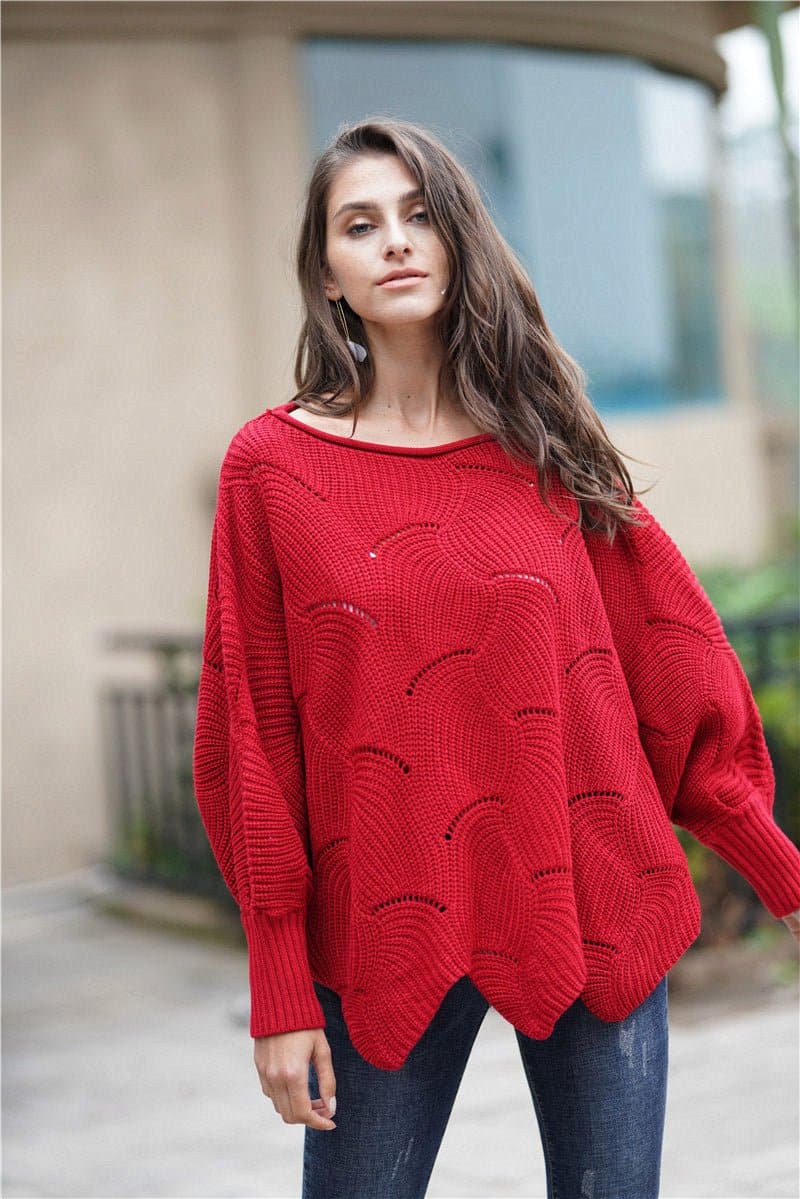 Openwork Boat Neck Sweater with Scalloped Hem - Love culture store