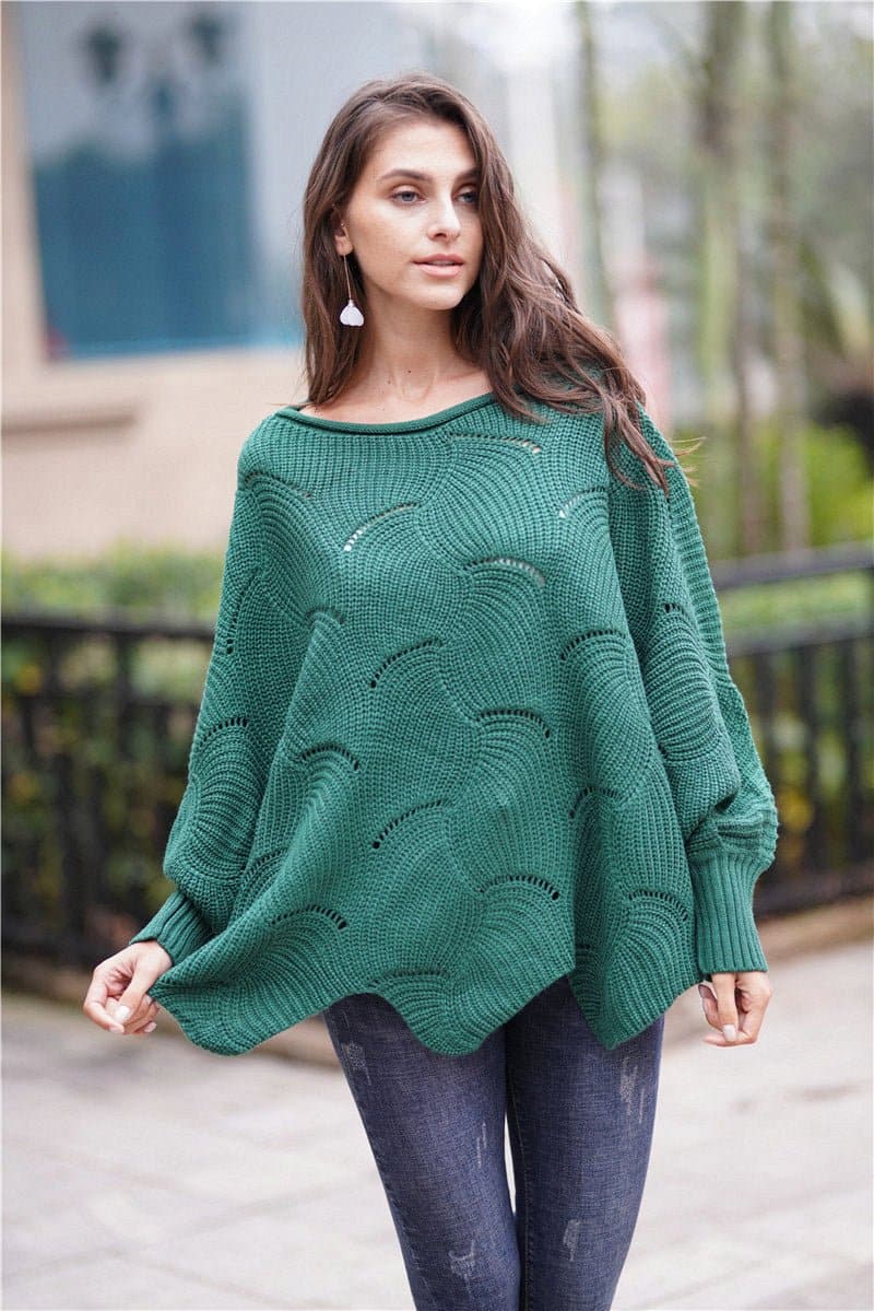 Openwork Boat Neck Sweater with Scalloped Hem - Love culture store