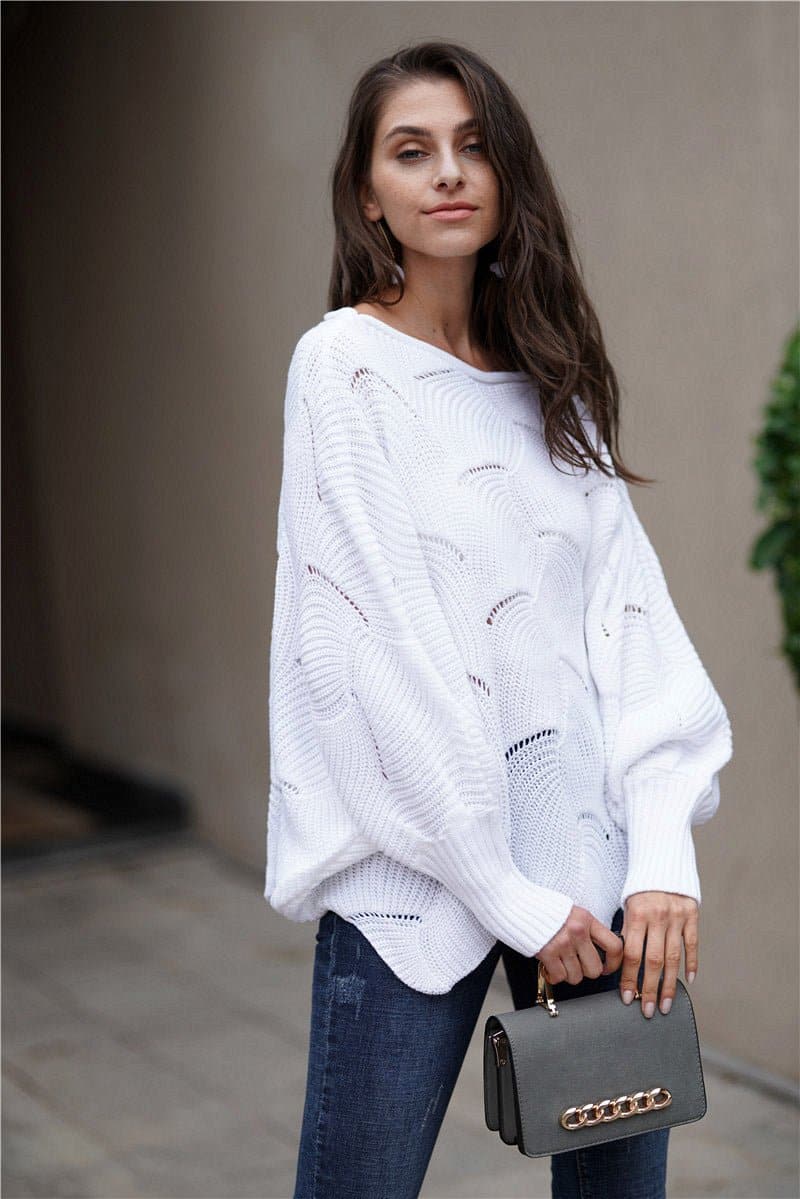Openwork Boat Neck Sweater with Scalloped Hem - Love culture store