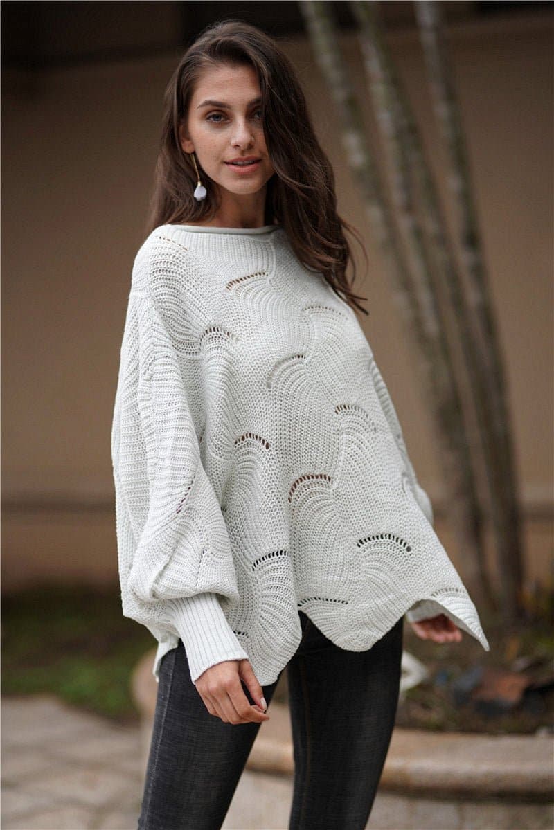 Openwork Boat Neck Sweater with Scalloped Hem - Love culture store