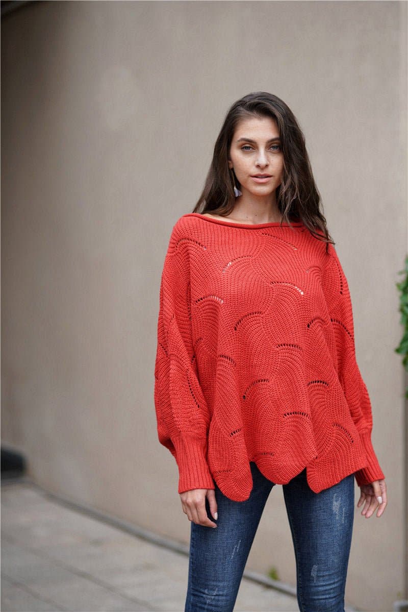 Openwork Boat Neck Sweater with Scalloped Hem - Love culture store