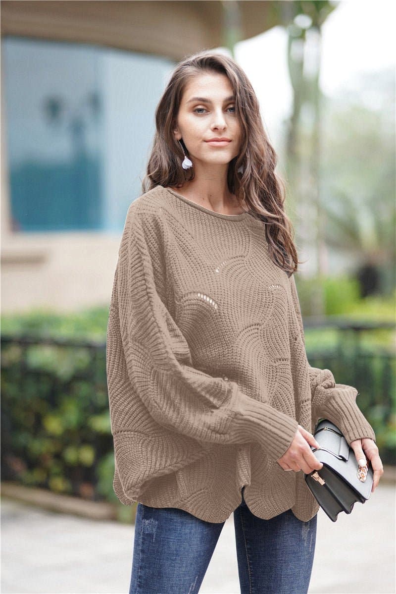 Openwork Boat Neck Sweater with Scalloped Hem - Love culture store