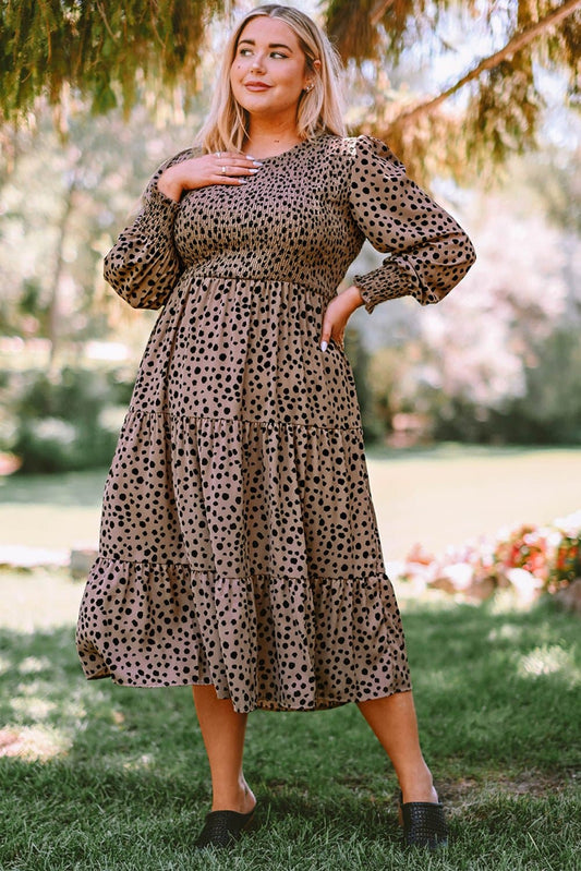 Plus Size Animal Print Smocked Tiered Dress - Love culture store