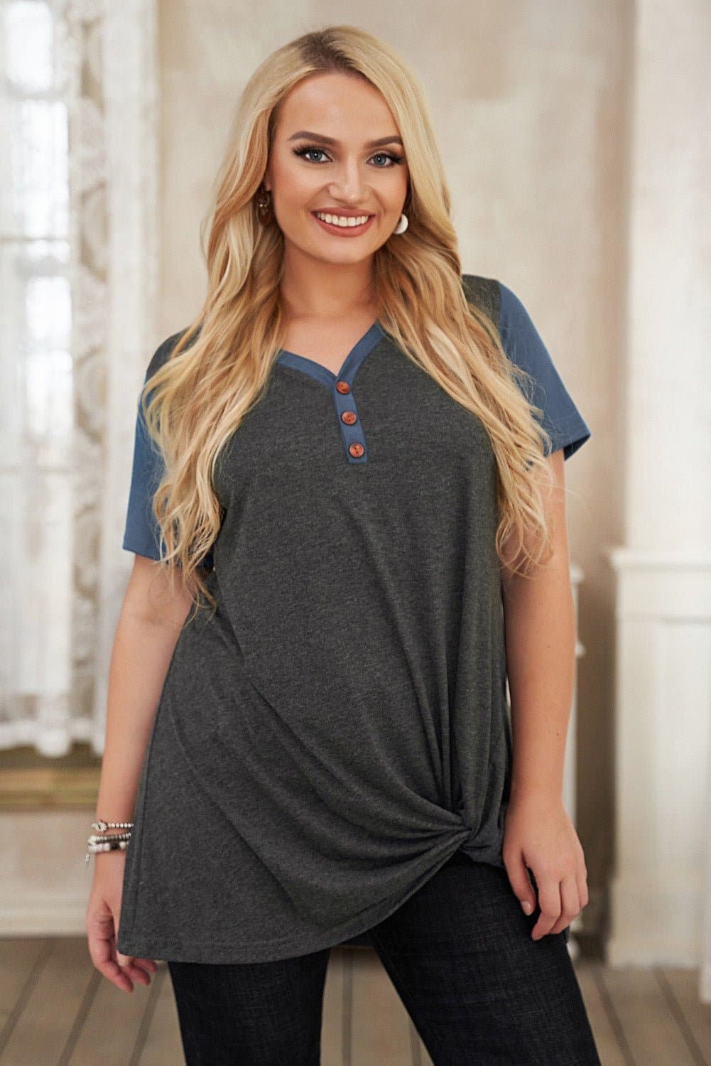Plus Size Contrast Twisted Henley Tee - Love culture store