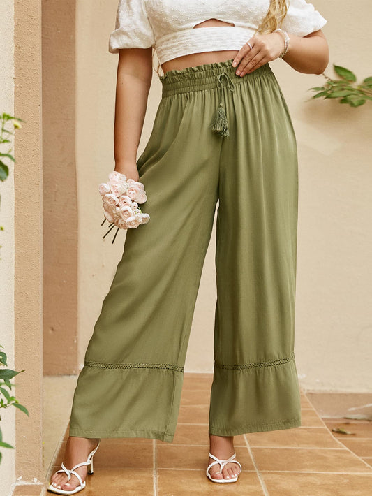 Plus Size Drawstring Detail Paperbag Wide Leg Pants - Love culture store