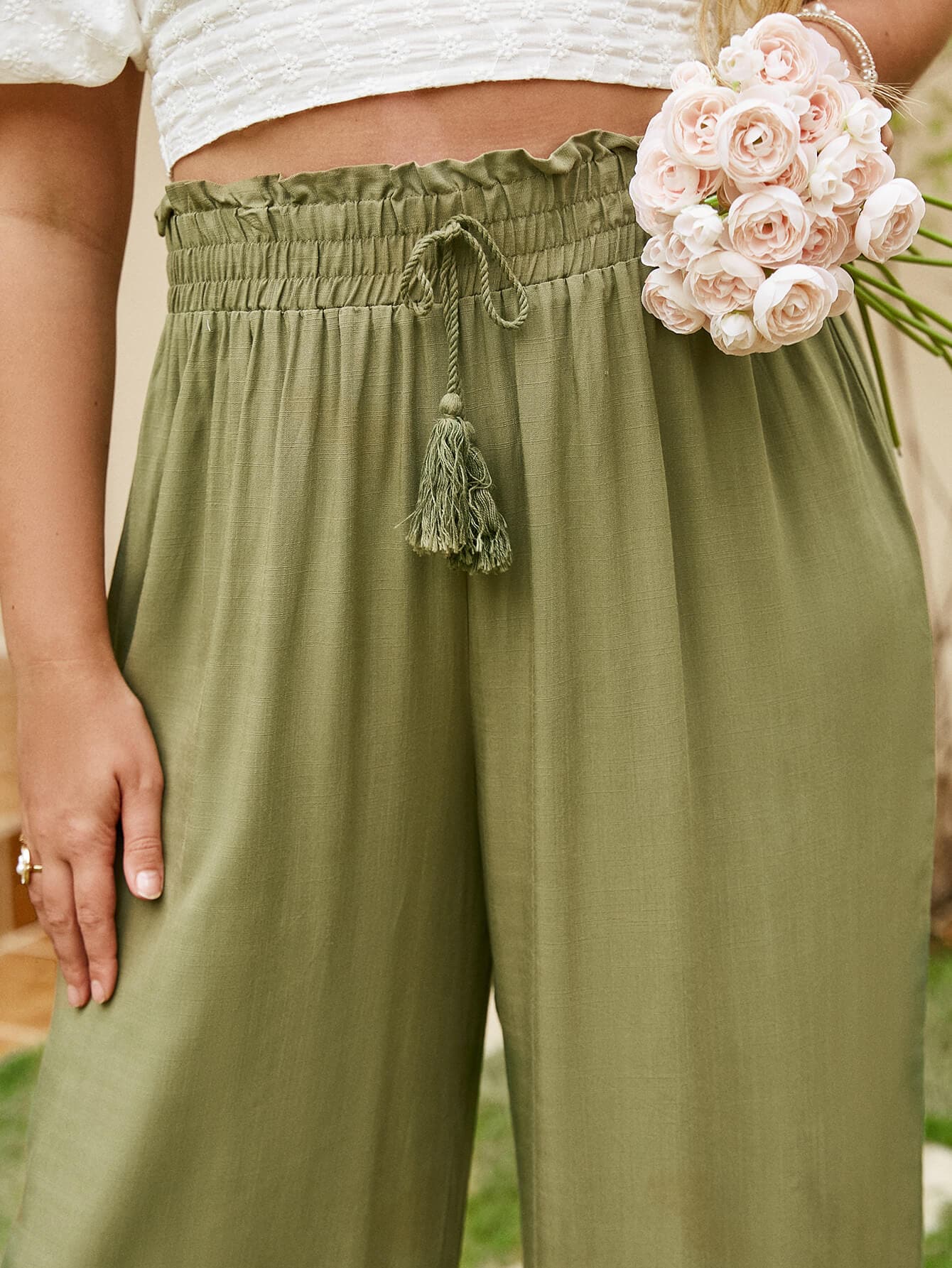 Plus Size Drawstring Detail Paperbag Wide Leg Pants - Love culture store