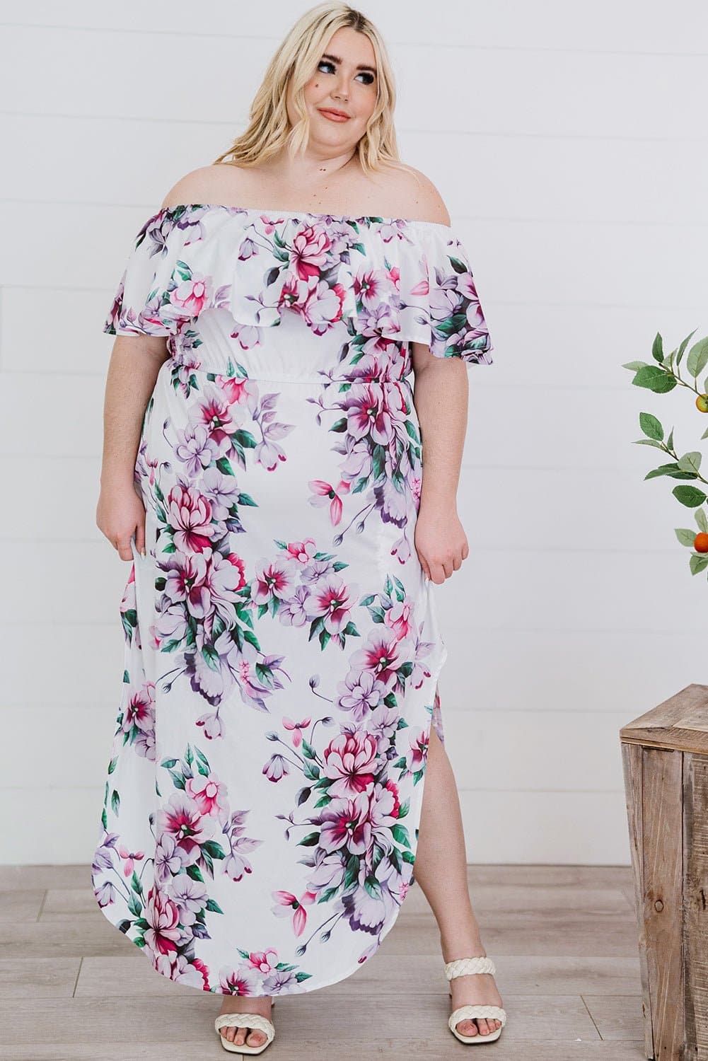 Plus Size Floral Off-Shoulder Side Slit Layered Dress - Love culture store