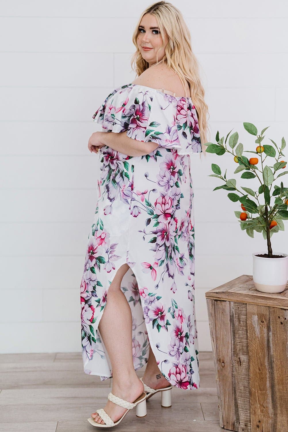 Plus Size Floral Off-Shoulder Side Slit Layered Dress - Love culture store