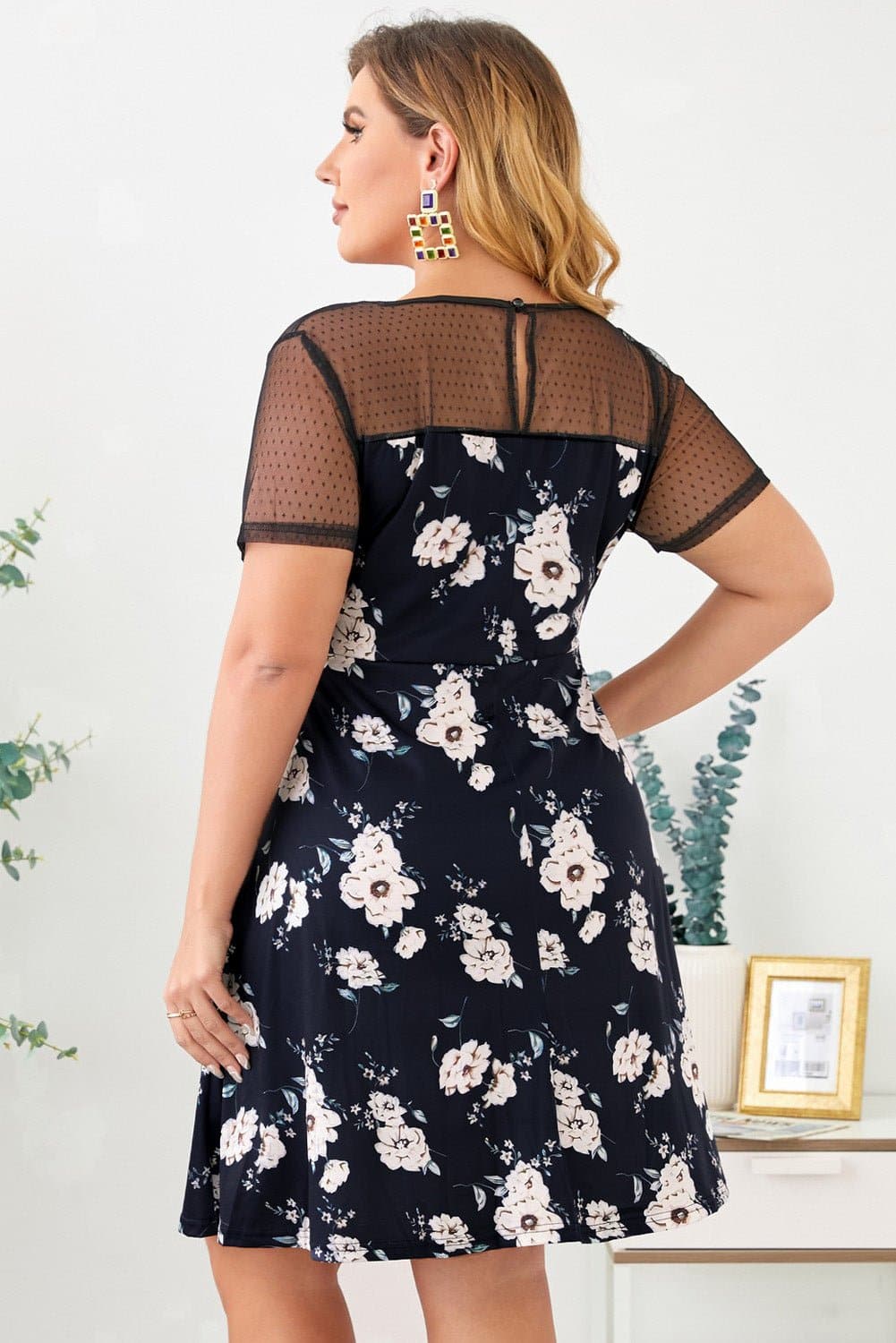 Plus Size Floral Polka Dot Mesh Yoke Dress - Love culture store