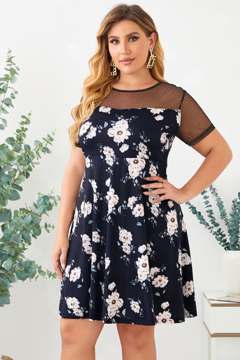 Plus Size Floral Polka Dot Mesh Yoke Dress - Love culture store