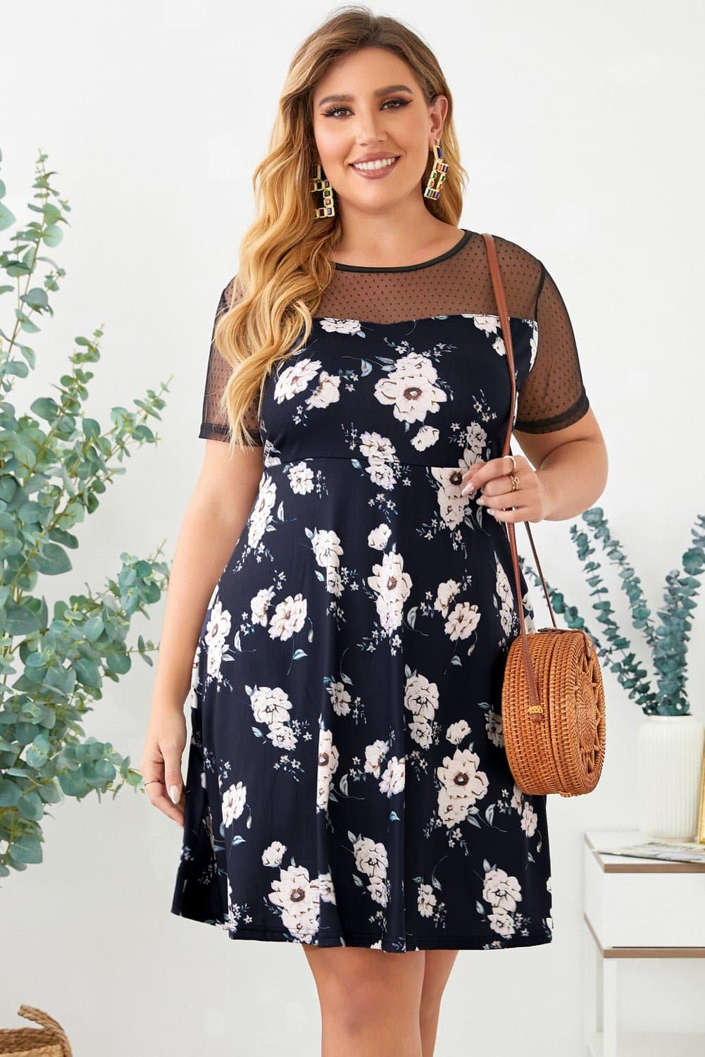 Plus Size Floral Polka Dot Mesh Yoke Dress - Love culture store